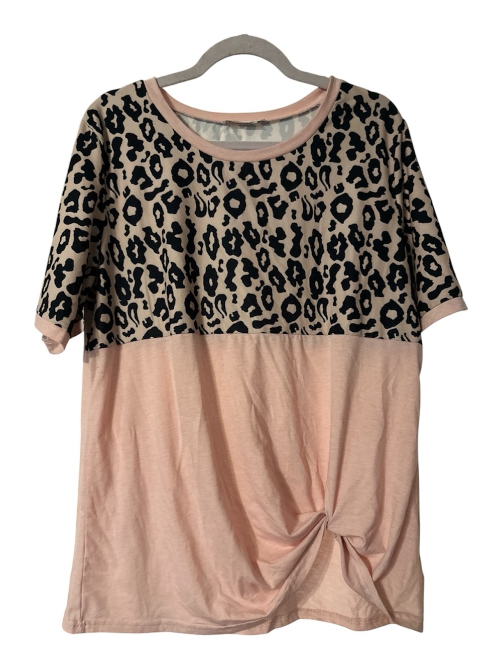Yidarton Pink Leopard-Panel Knot-Front Short Sleeve Top xl NWOT cotton cute